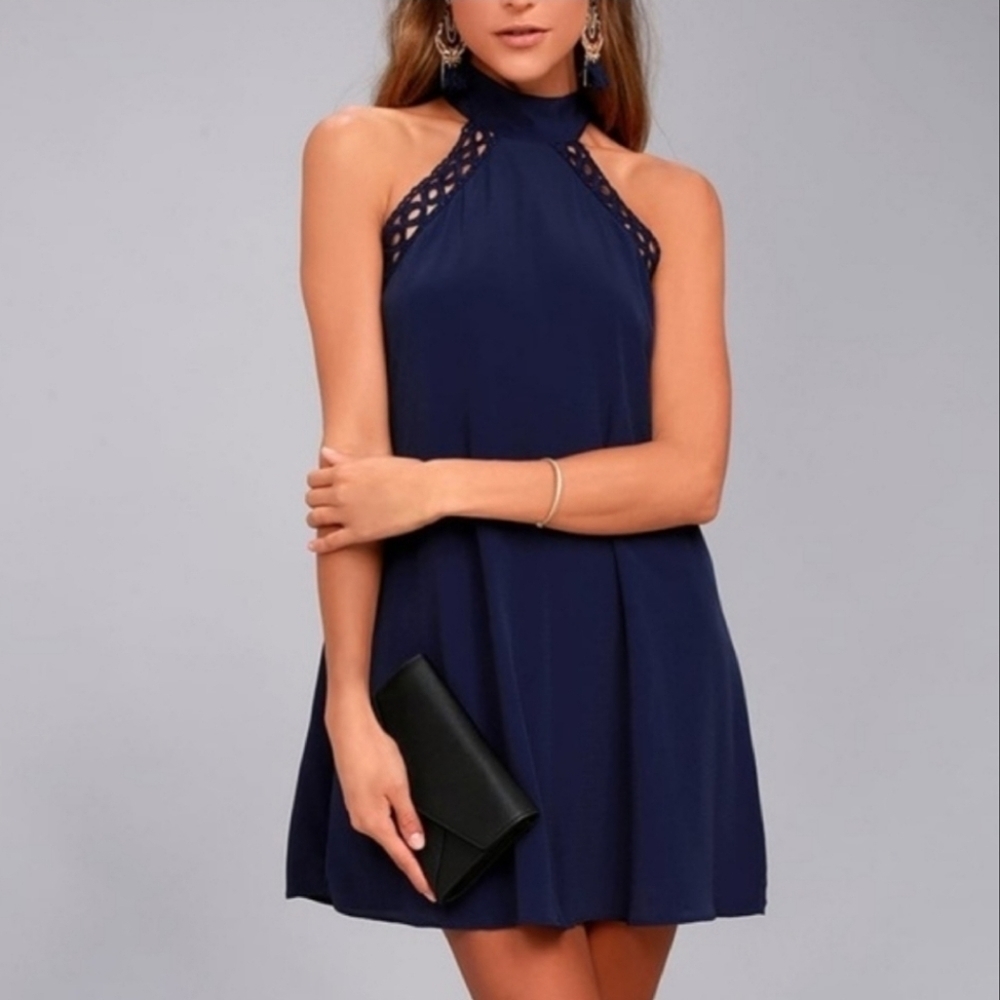 Lulus Navy Blue Lace Halterneck Swing Dress